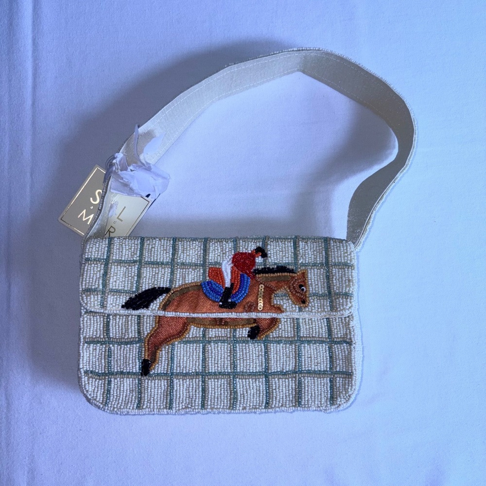Sol and mer Equestrian Beaded Shoulder Bag Cream  Horse Rider Baguette new